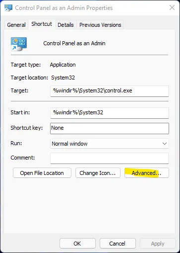 control panel as an administrator