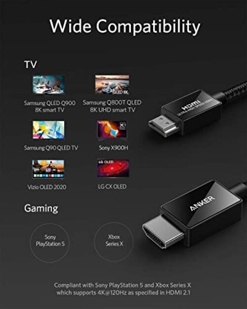 Anker 8K@60Hz HDMI Cable, Ultra High Speed 4K@120Hz 48Gbps 6.6 ft Ultra HD HDMI to HDMI Cord, Support Dynamic HDR, eARC, Dolby Atmos