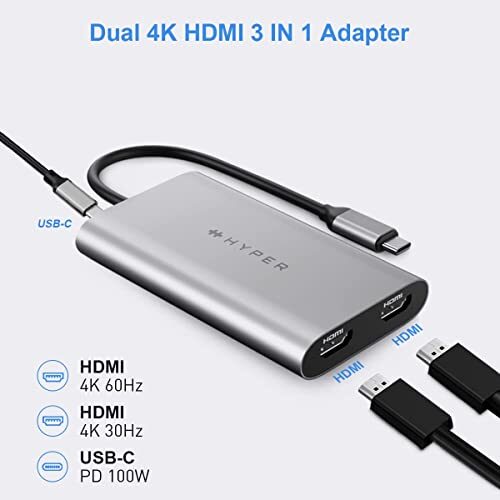 HyperDrive 4K Dual HDMI Adapter for M1 MacBook, 3in1 USB C Hub