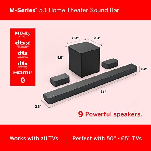 VIZIO M-Series 5.1 Premium Sound Bar with Dolby Atmos, DTS:X, Bluetooth, Wireless Subwoofer, Voice Assistant Compatible