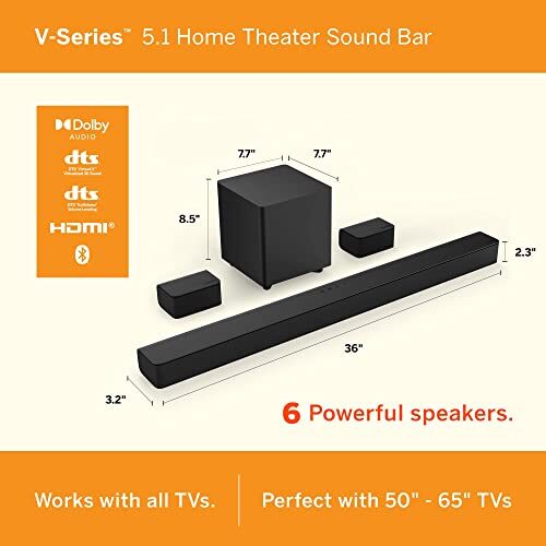VIZIO V-Series 5.1 Home Theater Sound Bar with Dolby Audio, Bluetooth, Wireless Subwoofer, V51x-J6